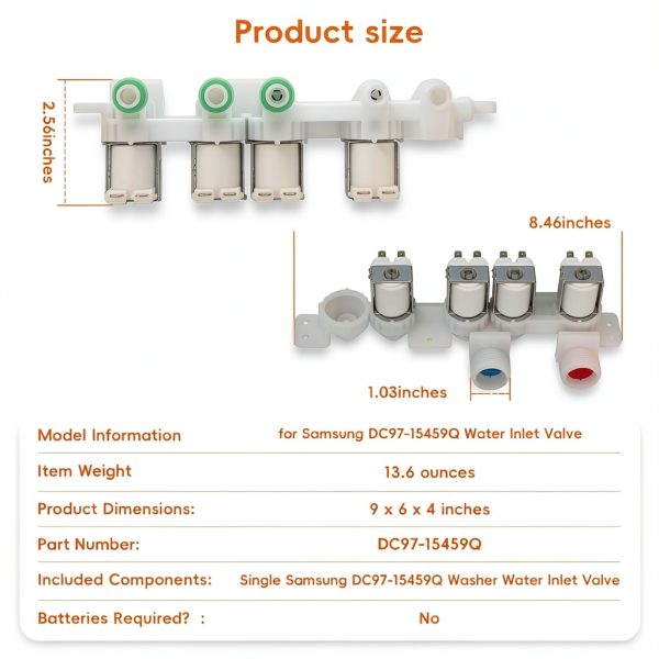 DC97-15459Q Washer Water Inlet Valve, Compatible with Samsung Washing Machine Parts, Repair Washer Water Leakage, Loud voice, does not Fill with Water, Replace WA51A5505AC/US-00 WA52A WA54A WA55A-6